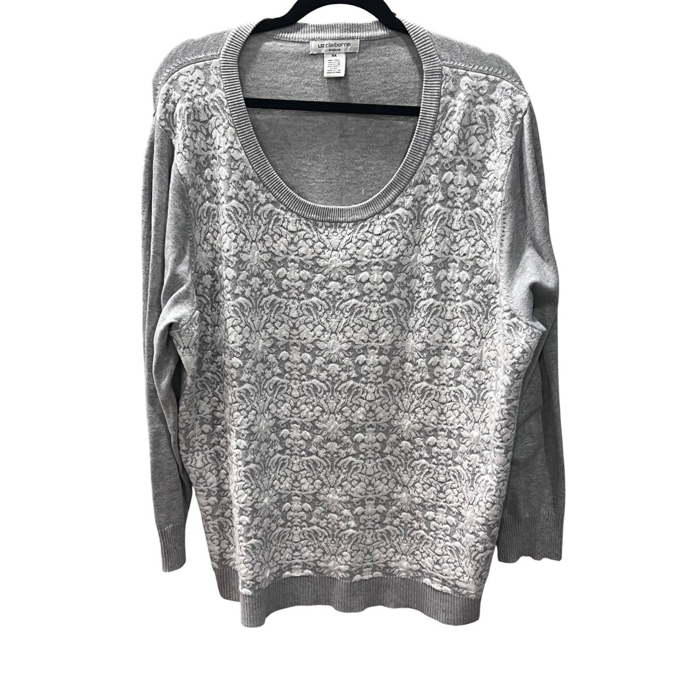 Liz Claiborne Women's 3x long-sleeve-damask sweater gray floral -scoop neckline.